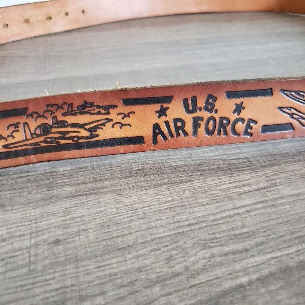 Tooled Genuine Leather U.S. Airforce Belt Jets Eagle Brown Made in USA Mens L/XL
